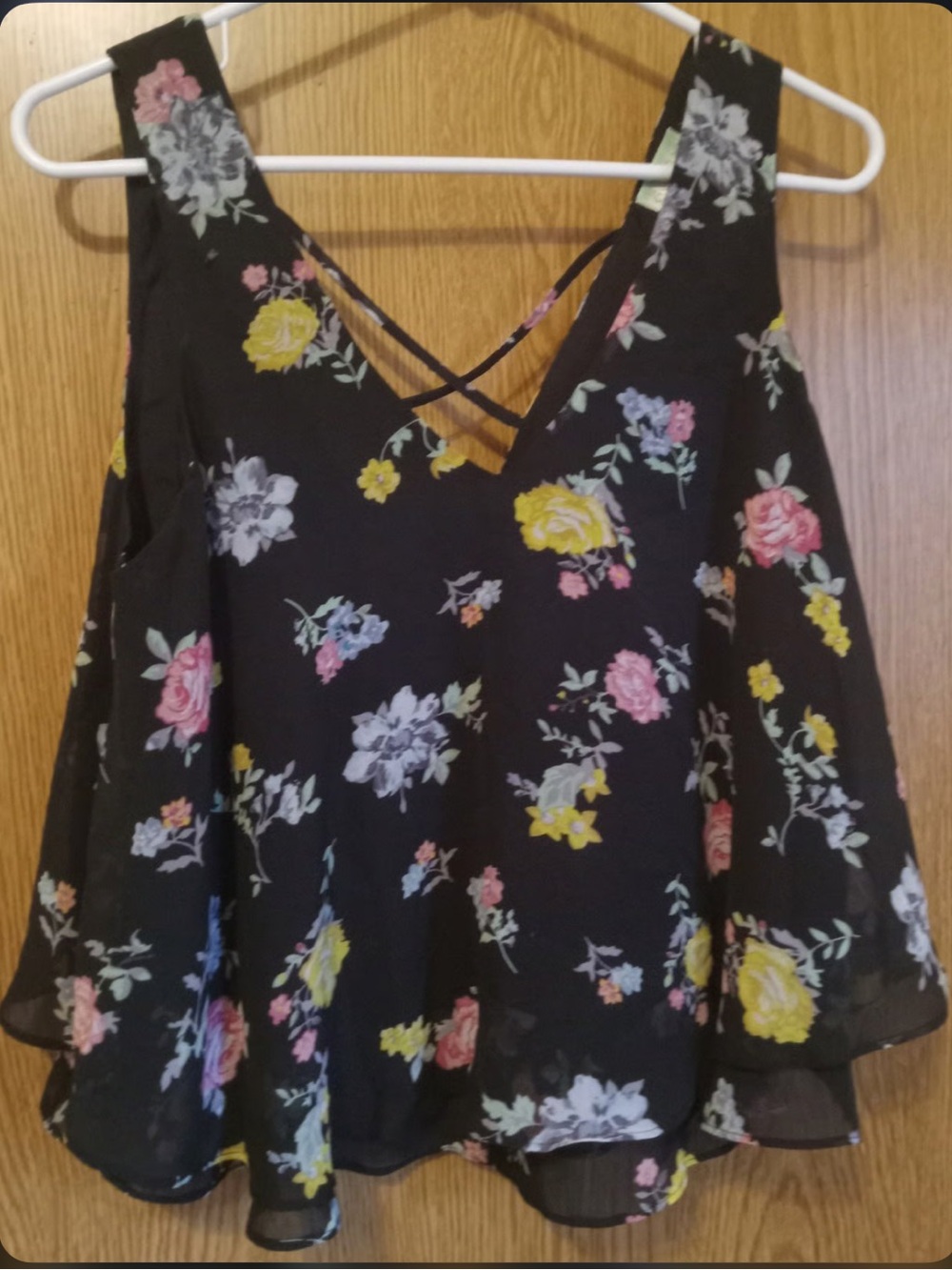 Decree Black Floral V-Neck Crisscross Sleeveless Blouse